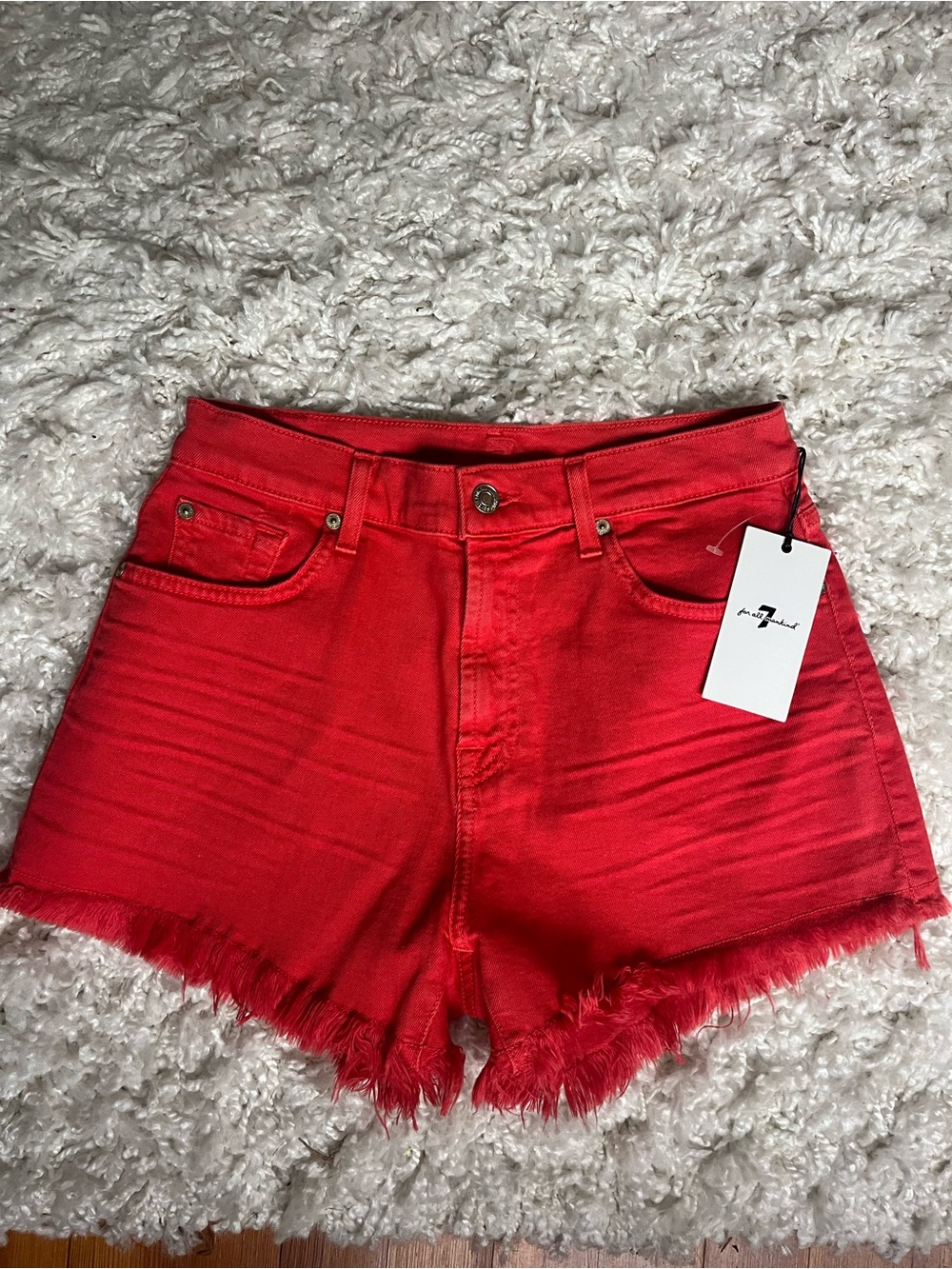 7 For All Mankind Red Frayed Hem Jean Shorts NWT